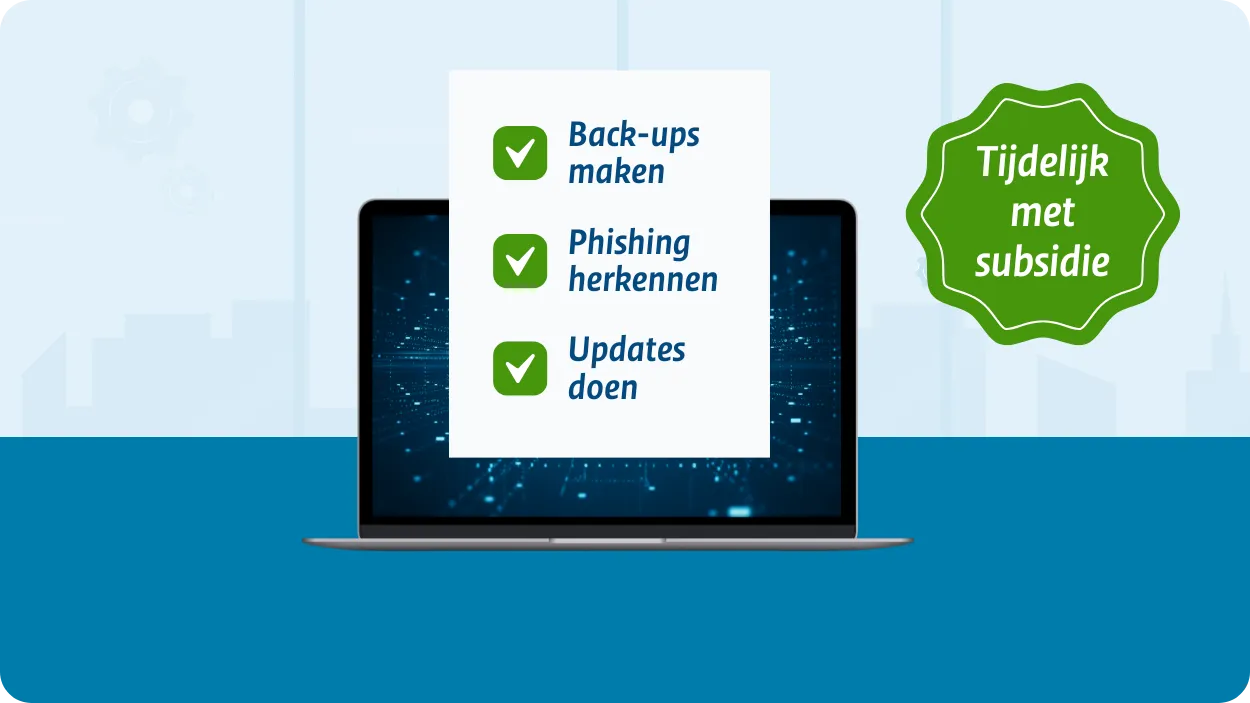 Overheid subsidie poster; Back-ups maken, Phishing herkennen, Updates doen